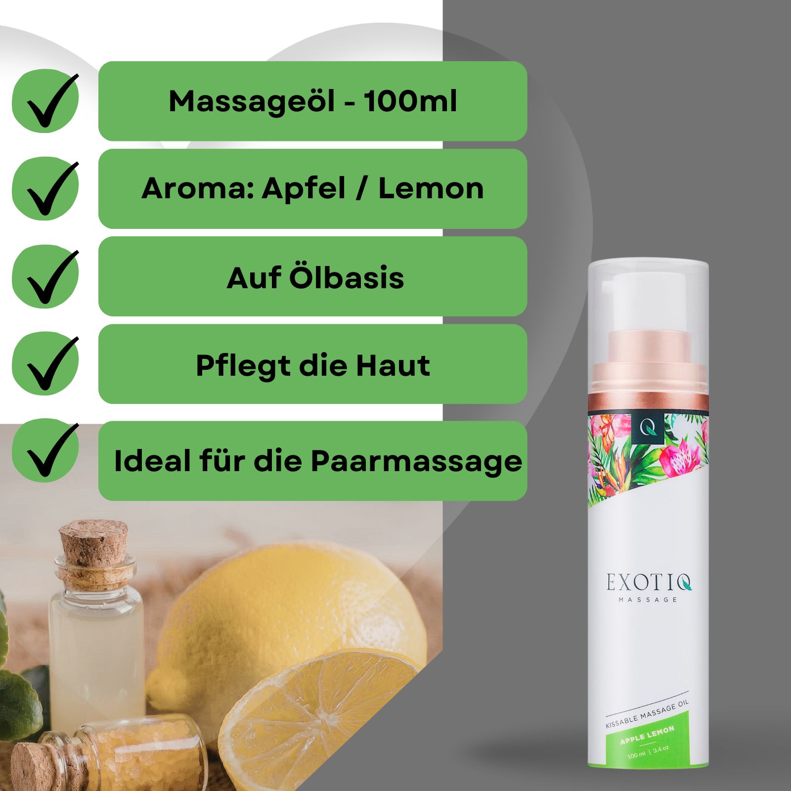 Produktpräsentation mit Massageöl-Flasche, Zitrone, Fläschchen und Check-Symbolen. Text: Massageöl, Aroma Apfel/Zitrone.