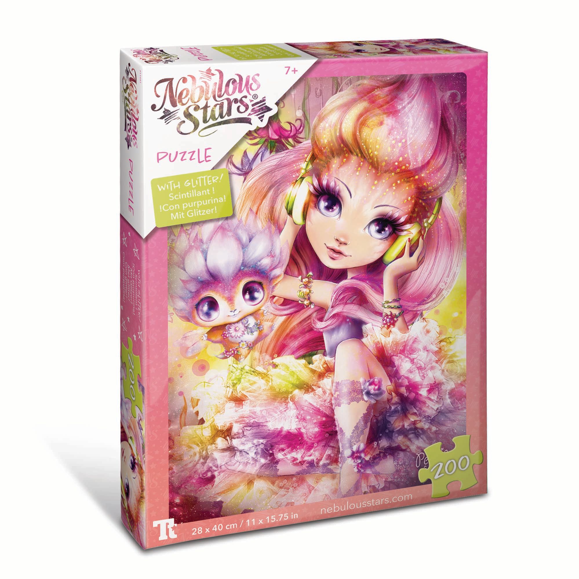 Puzzle-Box mit Illustration. Nebulous Stars-Logo. 200 Teile. Rosa und mehrfarbig. 28 x 40 cm.