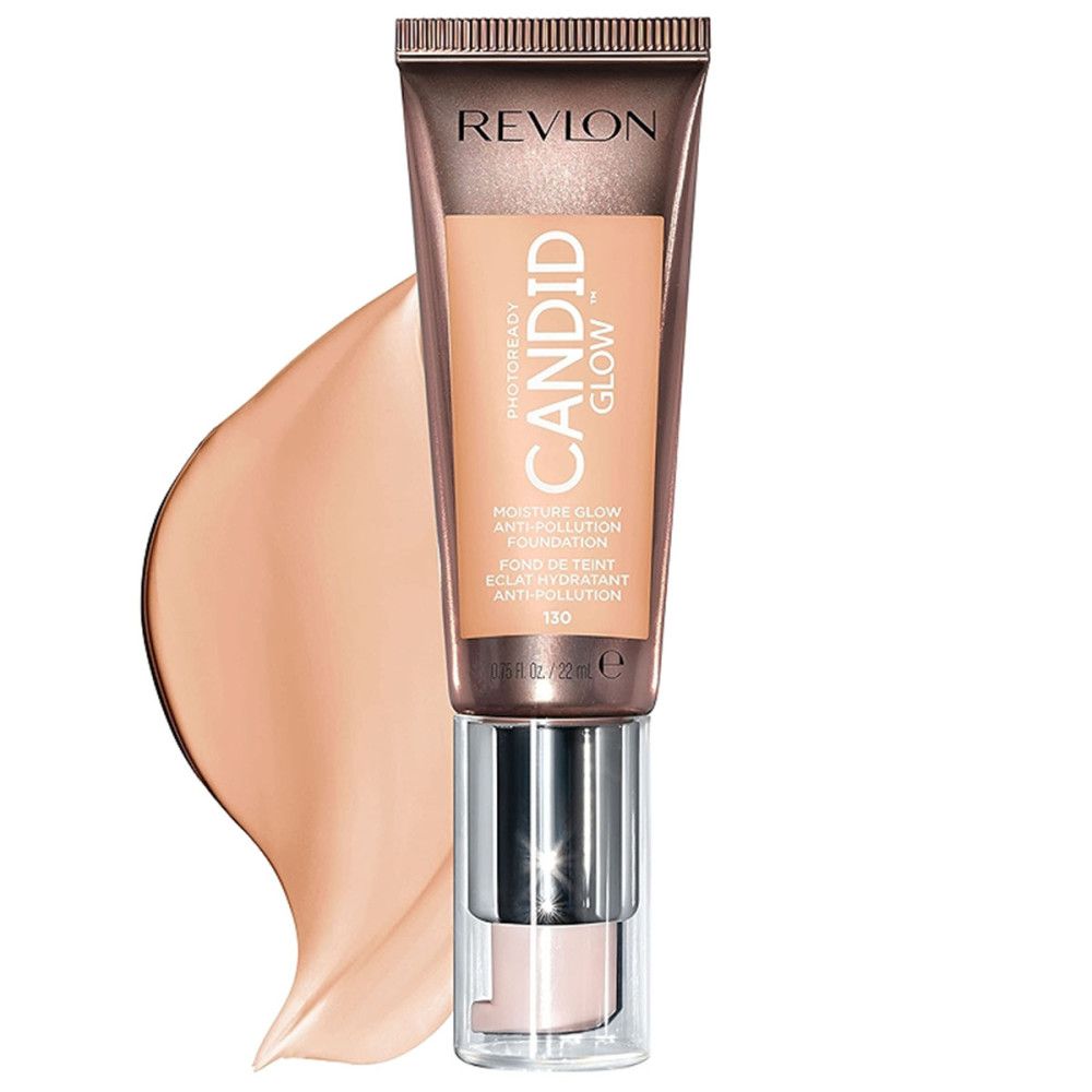 Revlon PhotoReady Candid Glow Foundation. Tube mit Produkt und silberner Kappe. Farbklecks daneben. Text: Candid Glow, Moisture Glow Anti-Pollution.