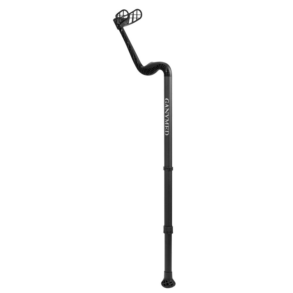 Unterarmgehstütze GANYMED® Benchmark, schwarz, höhenverstellbar. Griff und Armauflage ergonomisch geformt. GANYMED® Schriftzug.