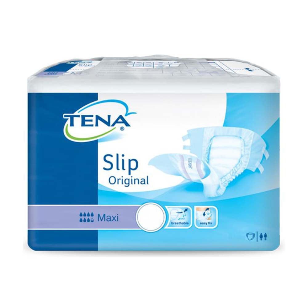 TENA Slip Original Maxi L-Packung. Blaue und weiße Verpackung mit Produktabbildung. Text: TENA, Slip Original, Maxi.