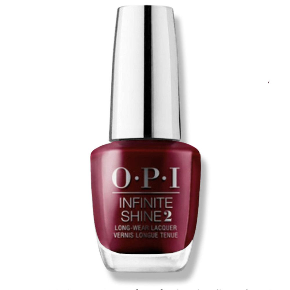 Nagellackflasche mit silbernem Deckel. OPI Infinite Shine 2, dunkelrote Farbe. Klare Glasflasche.