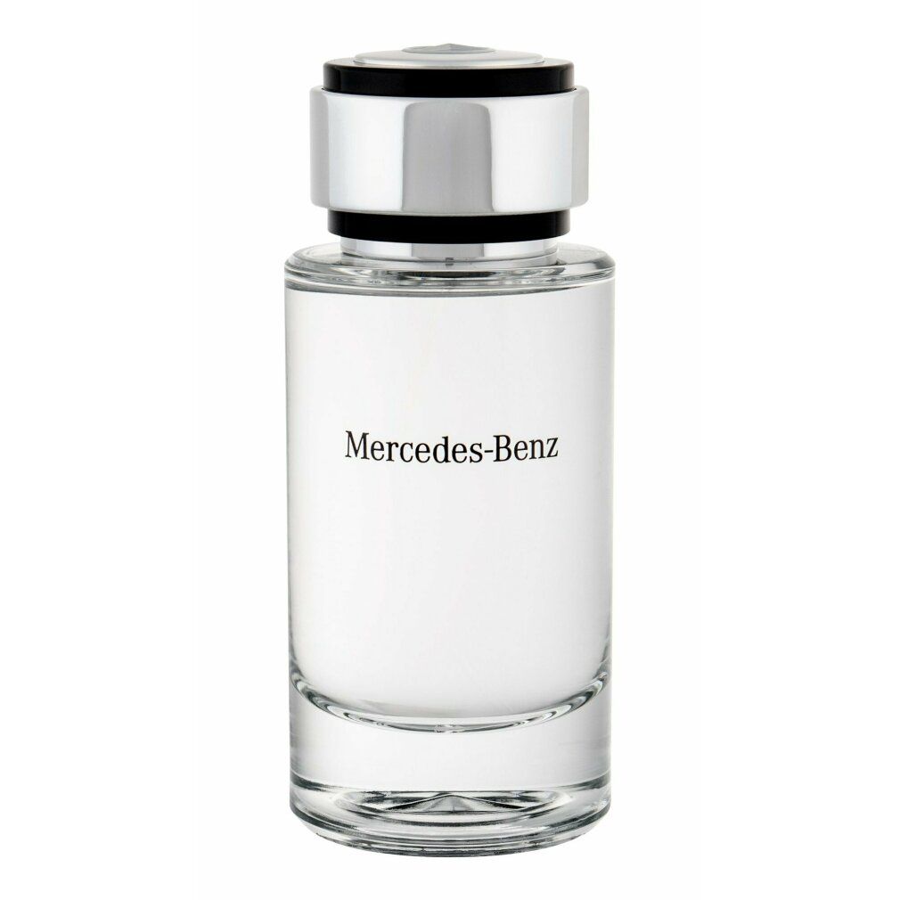 Parfümflakon mit silbernem Deckel und schwarzem Ring. Aufschrift: Mercedes-Benz. Klarer Glasbehälter.