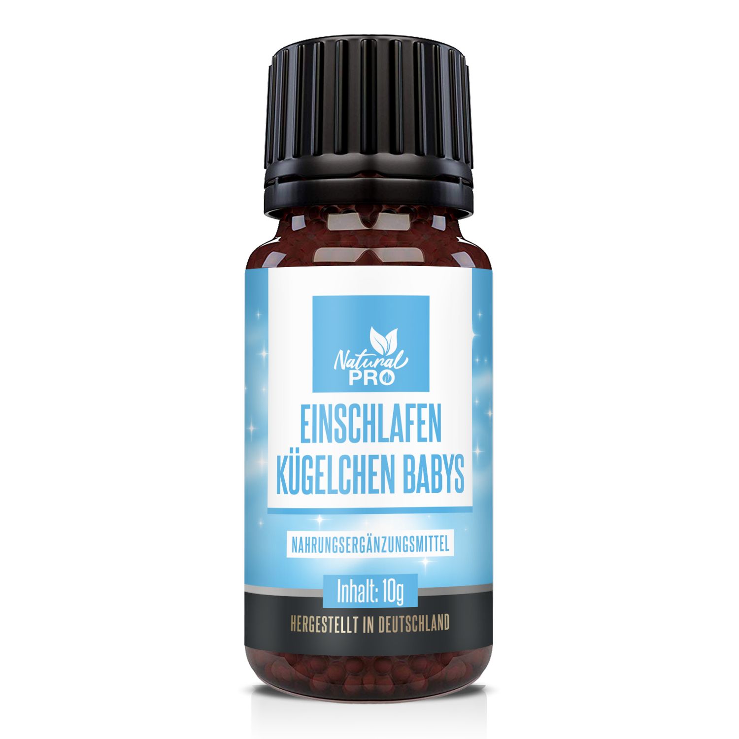 Braune Glasflasche mit schwarzem Deckel und blauem Etikett. Text: Natural Pro, Einschlafen Kügelchen Babys, 10g.