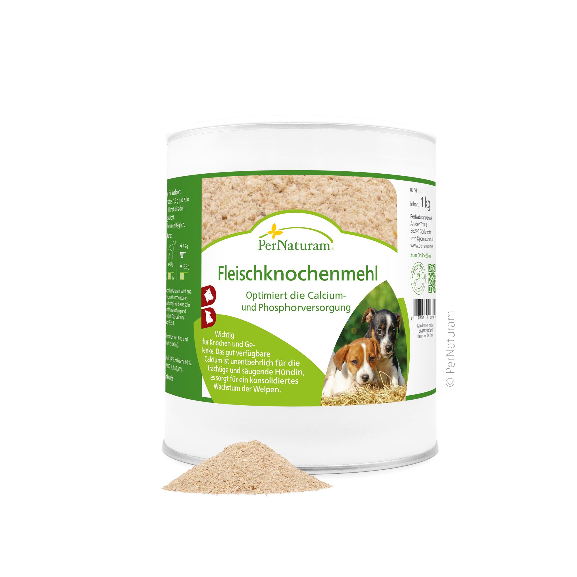 Weißer Behälter mit Fleischknochenmehl. Aufschrift: PerNaturam, Fleischknochenmehl. Abbildung von Hunden.