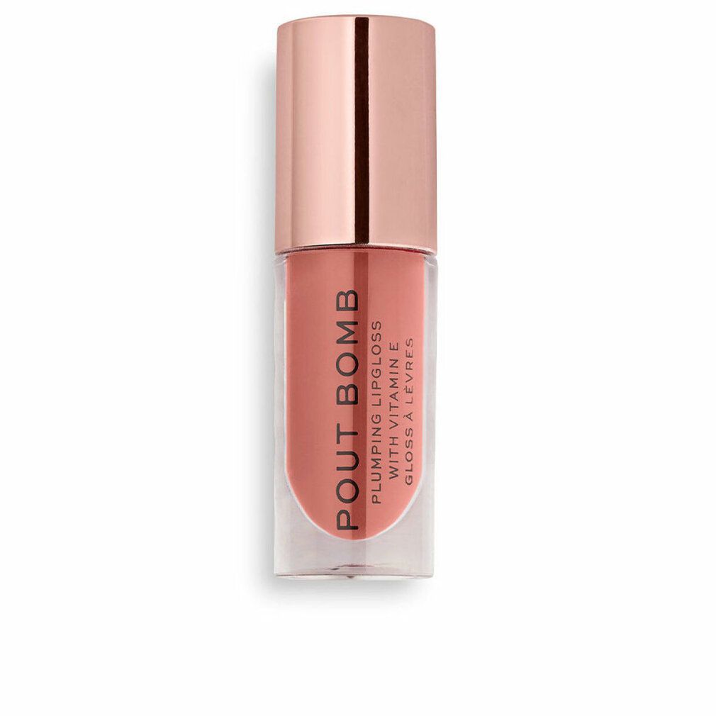 Lipgloss-Fläschchen mit rosafarbenem Inhalt und Deckel. Aufschrift: Pout Bomb, Plumping Lipgloss with Vitamin E, Gloss à Lèvres.