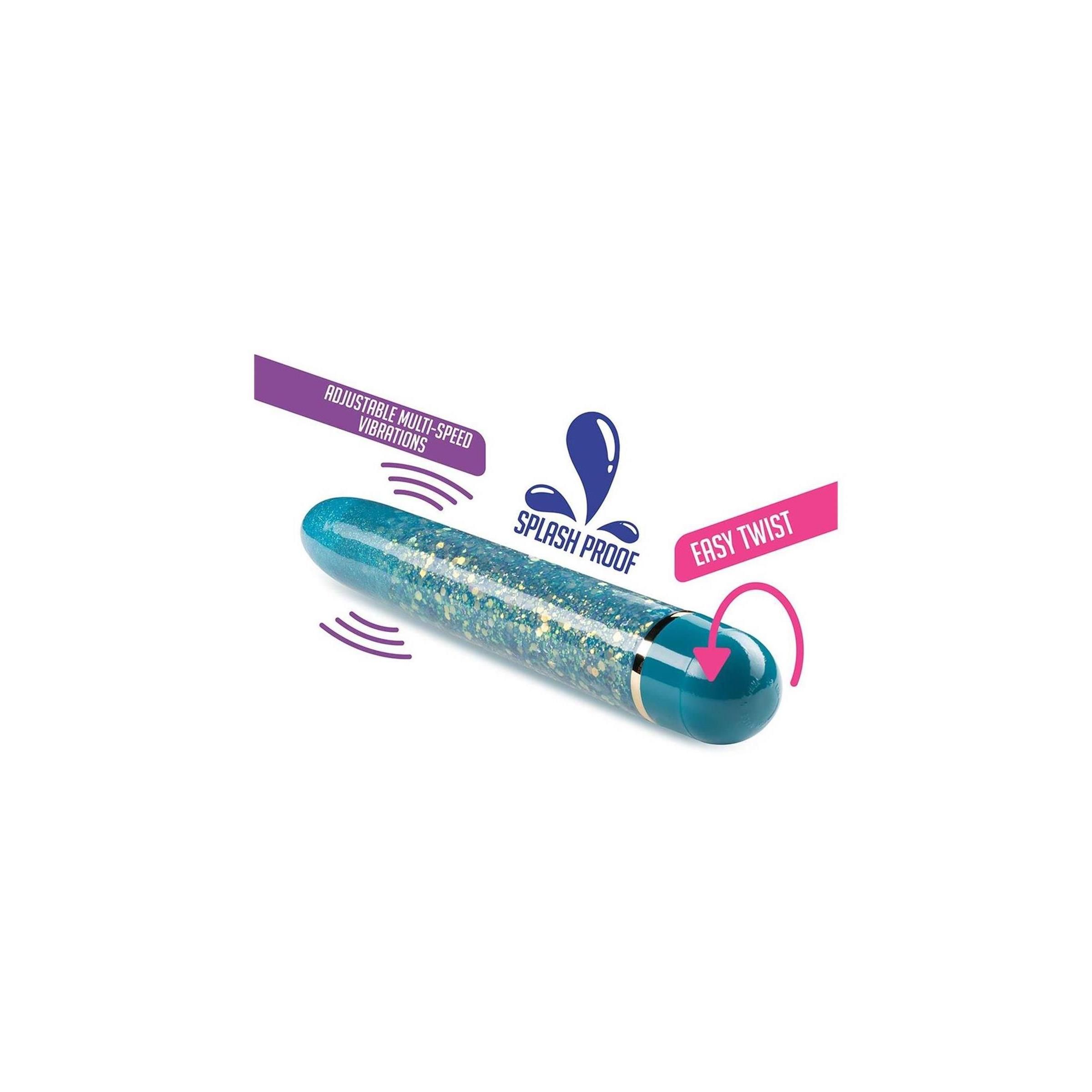 Türkises Wellness-Produkt mit Glitzer, mit Text-Overlays: 'Einfaches Drehen', 'Spritzwassergeschützt', 'Einstellbare Mehrfach-Geschwindigkeits-Vibrationen'.