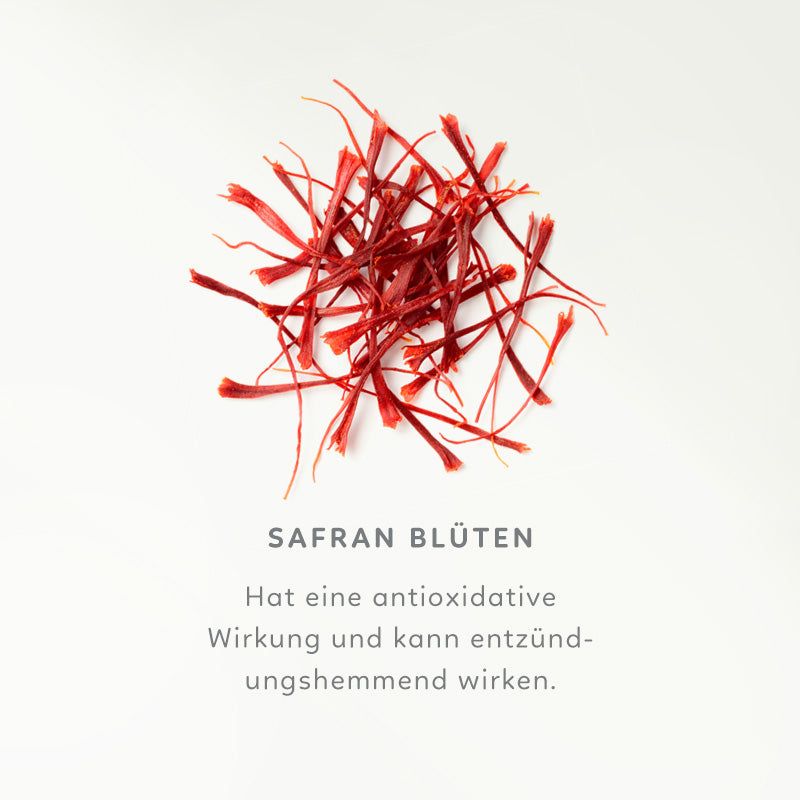 Haufen getrockneter Safranfäden auf weißem Hintergrund. Text: Safran Blüten.