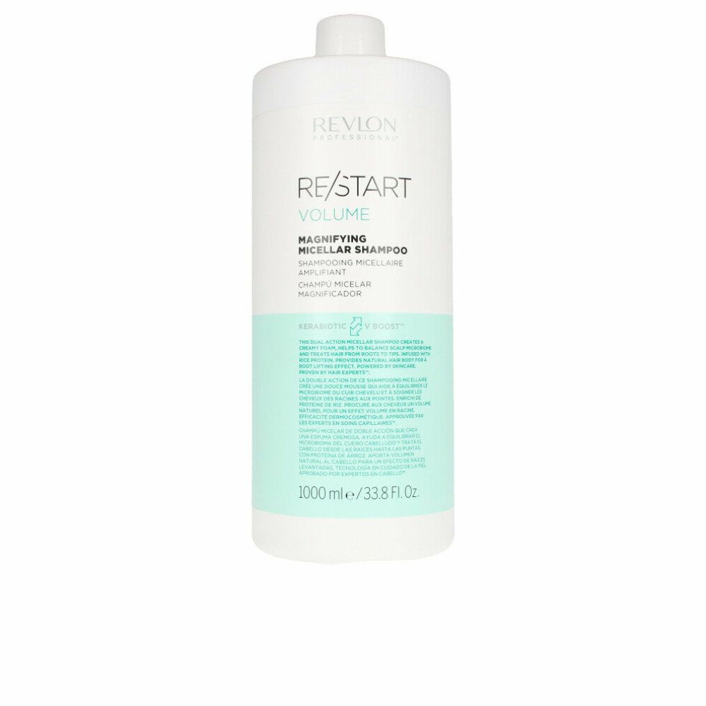 Weißes Shampoo-Behältnis mit grünem Etikett. Text: Revlon Re-Start Volume Magnifying Micellar Shampoo. 1000 ml.
