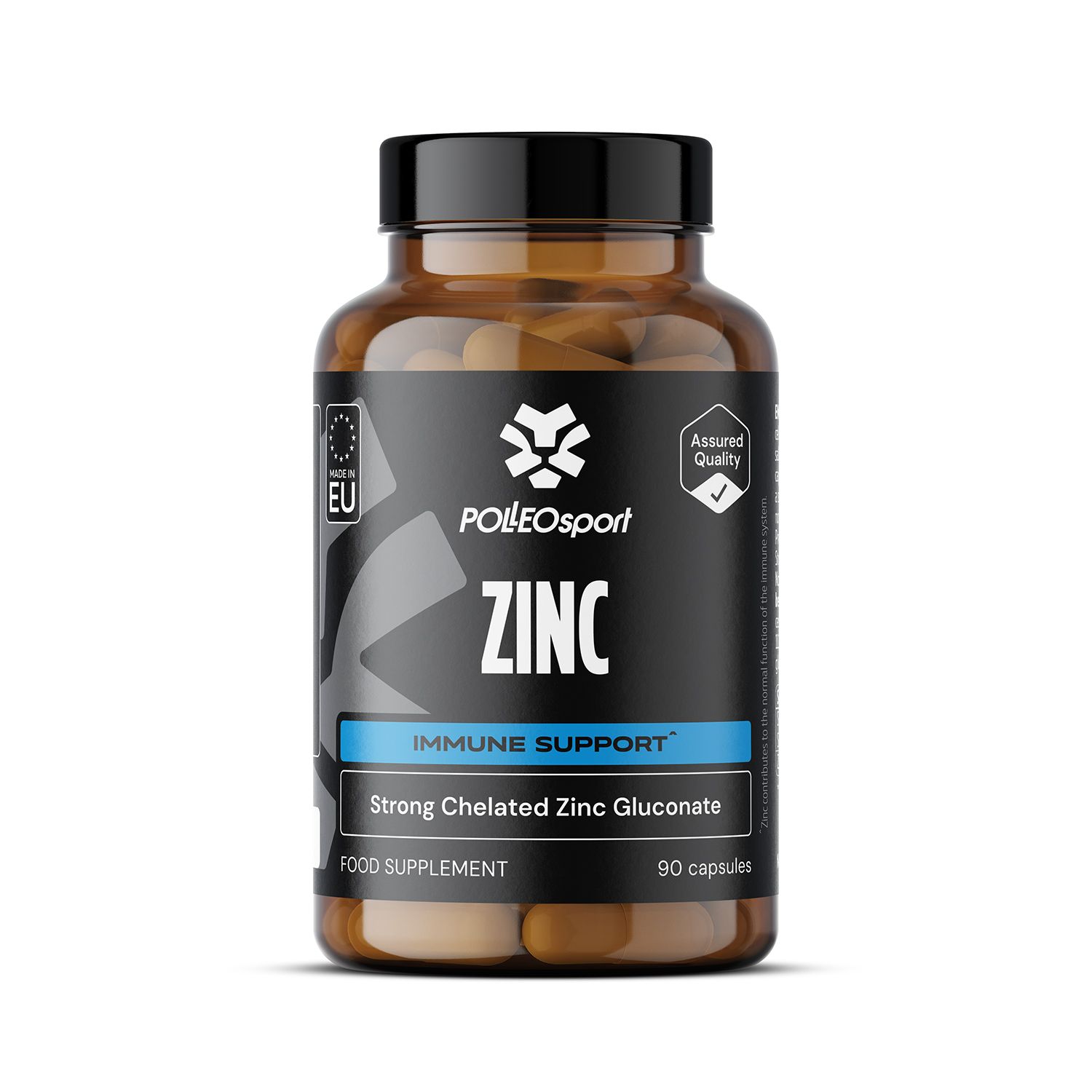 Braune Flasche mit schwarzem Deckel und Etikett. Aufschrift: Zink, Immune Support. 90 Kapseln. EU-Zertifizierung.