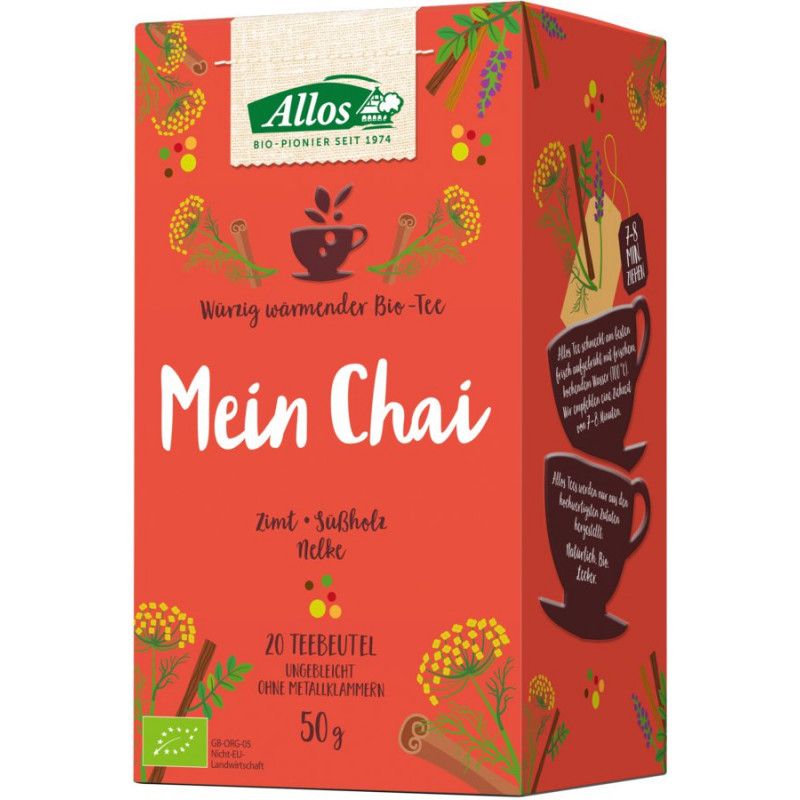 Rote Verpackung mit "Mein Chai"-Schriftzug. Enthält 20 Teebeutel. Zutaten: Zimt, Süßholz, Nelke. Bio-Siegel.