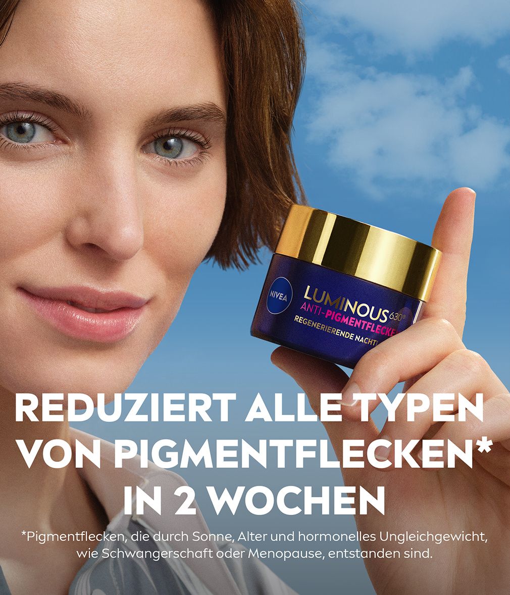 Nivea Luminous 630 Anti-Pigmentflecken Nachtpflege in einem dunkelblauen Tiegel mit goldenem Deckel.