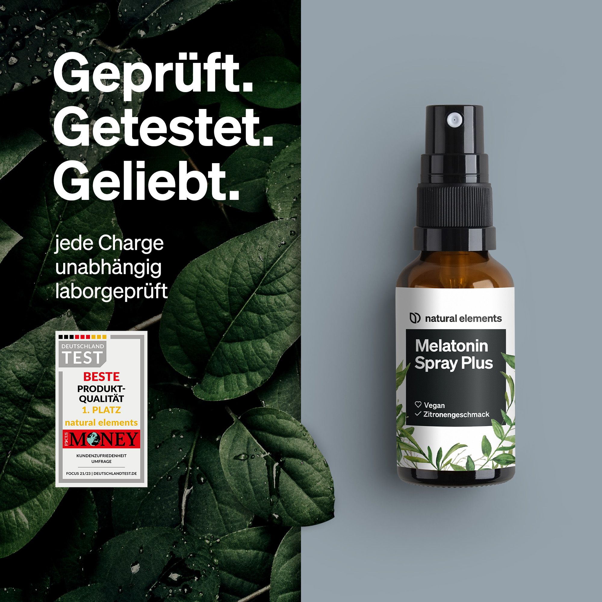 Produkt auf grauem Hintergrund. "natural elements Melatonin Spray Plus". Geprüft, getestet, geliebt. Auszeichnung: Beste Produktqualität.