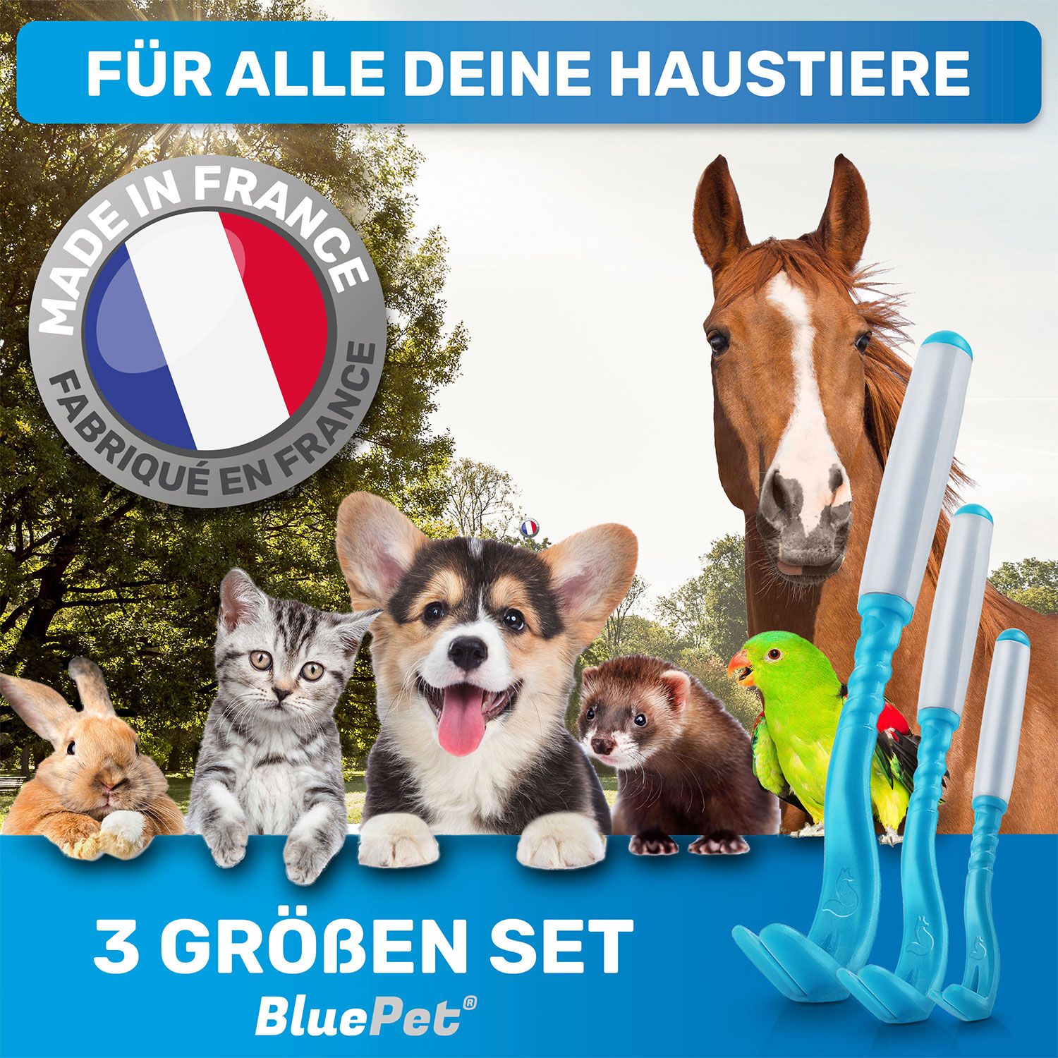 Verschiedene Haustiere mit drei blauen Zeckenhaken. Logo "Made in France". Text: "3 GRÖßEN SET" und "BluePet".
