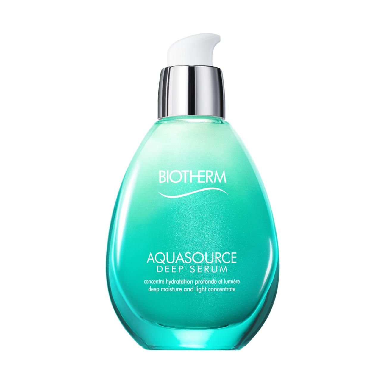BIOTHERM AQUASOURCE Deep Serum Flasche. Tropfenförmige, türkisfarbene Glasflasche mit silbernem Pumpkopf. Schriftzug: BIOTHERM, AQUASOURCE Deep Serum.
