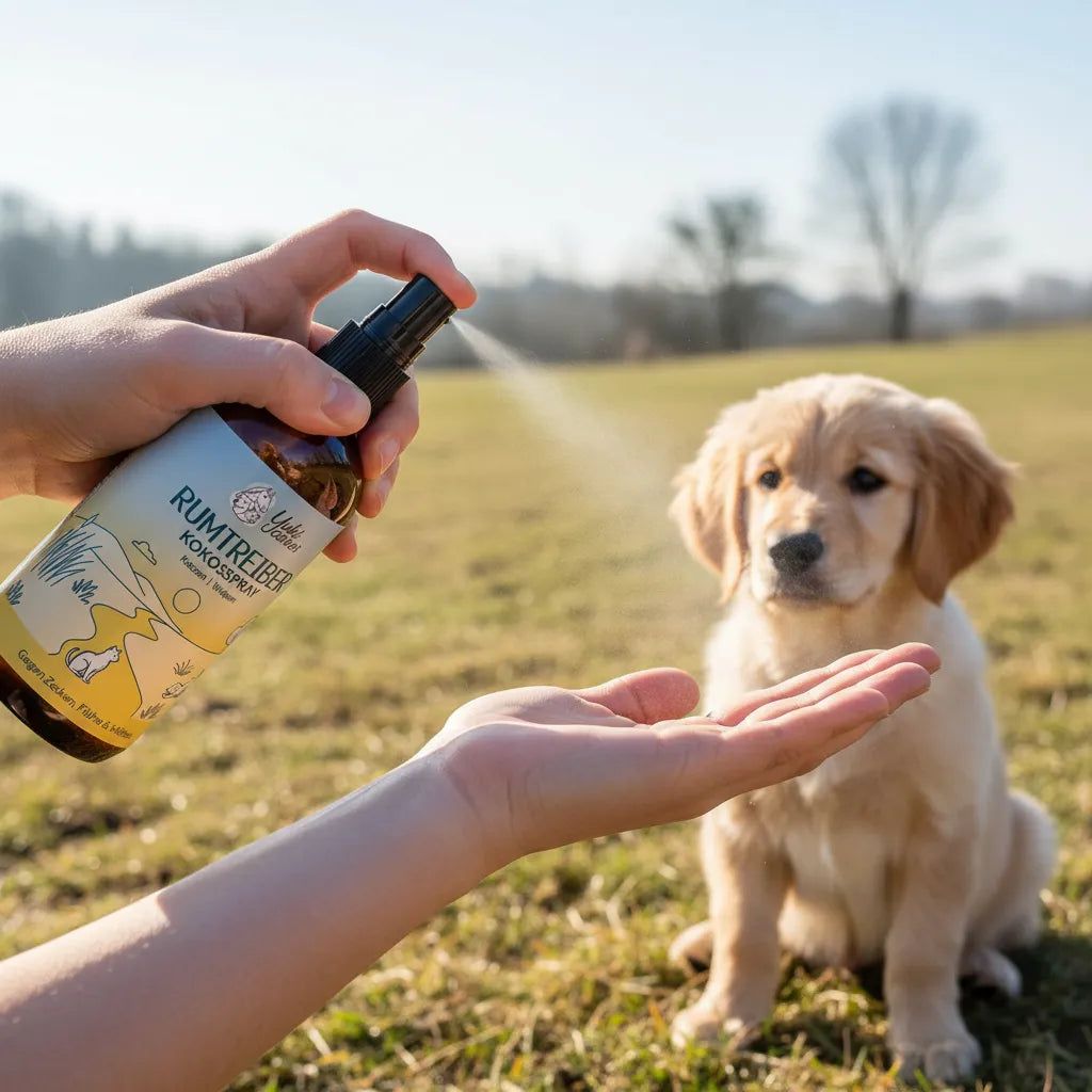 Person sprüht aus brauner Flasche. Golden Retriever-Welpe sitzt im Gras. Produktetikett sichtbar.