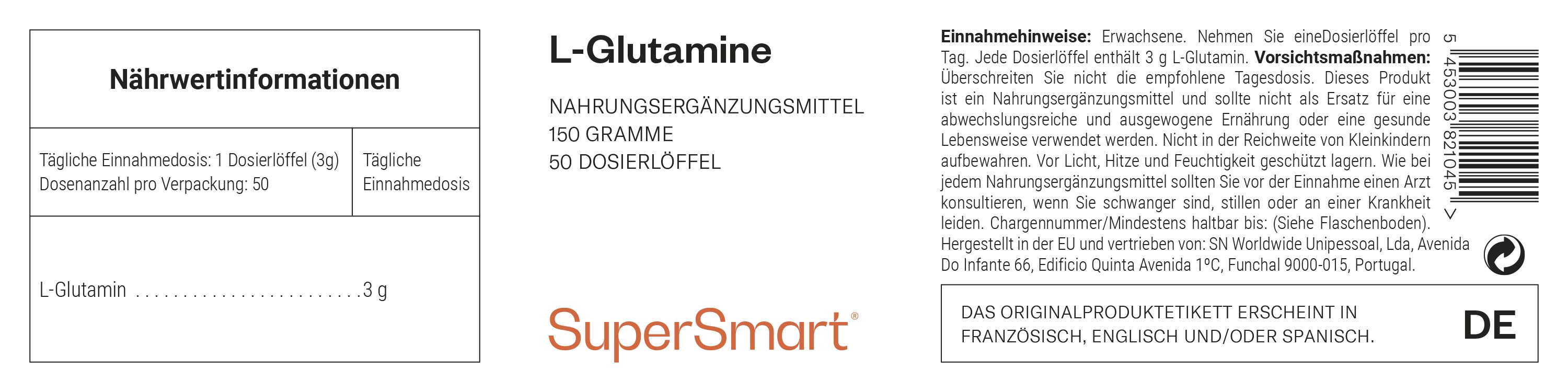 Nahrungsergänzungsmittel L-Glutamin. 150g, 60 Messlöffel. Aufdruck mit Nährwertangaben. SuperSmart Logo.
