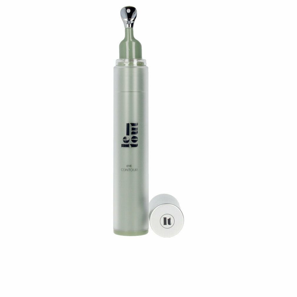 Zylindrische Flasche mit Metallapplikator. Deckel daneben. Aufschrift: Eye Contour.