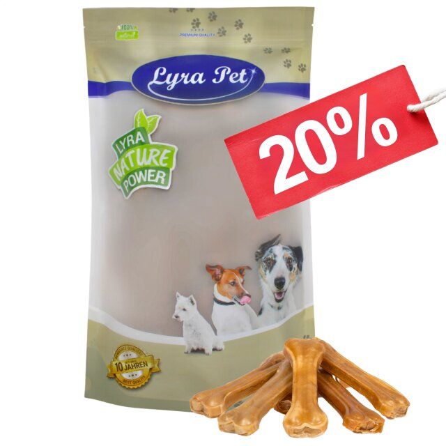 Lyra Pet Kauknochen in Verpackung. Aufdruck: Lyra Nature Power, 20% Rabatt. Abbildung von Hunden.
