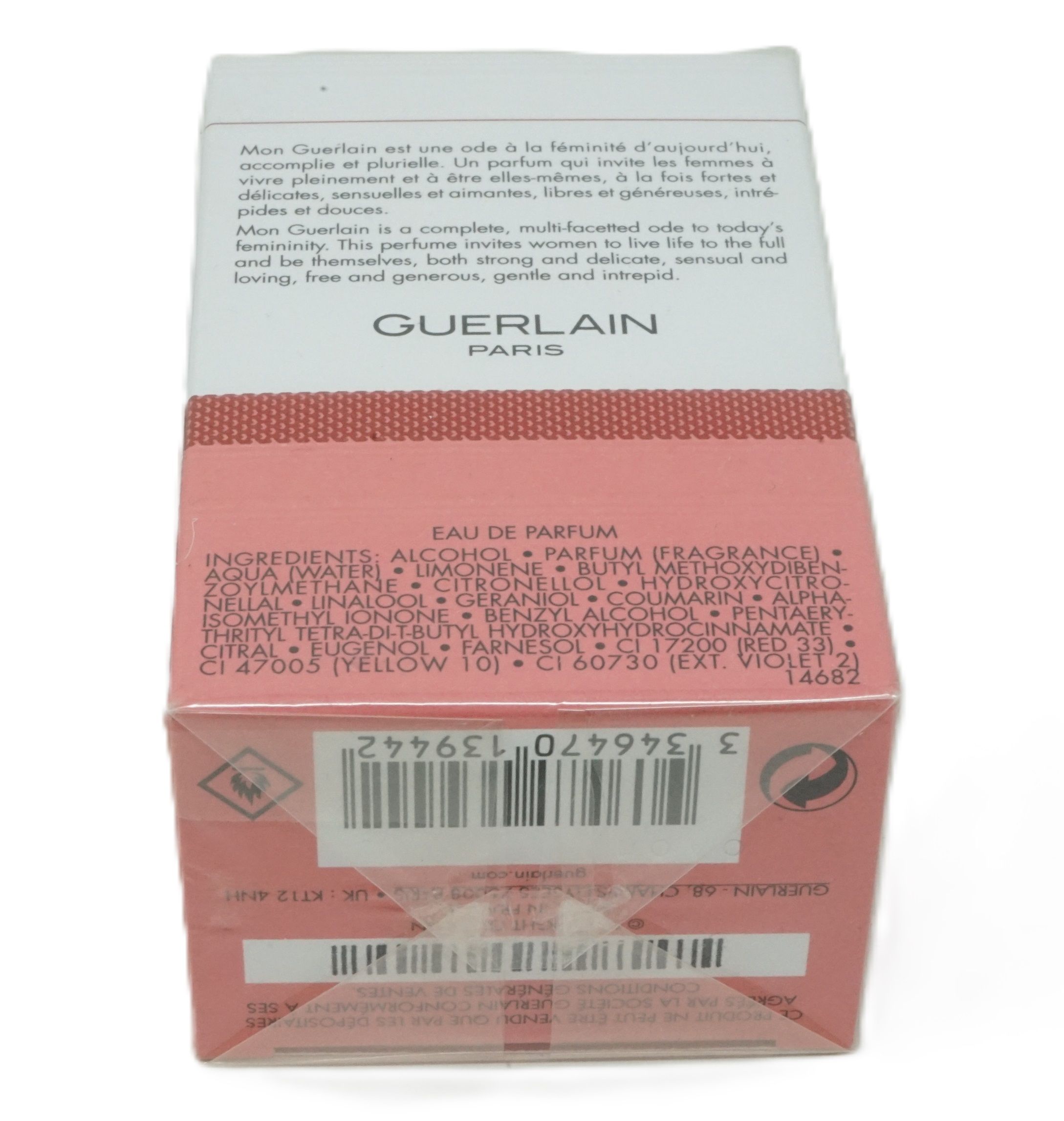 Unterseite der Mon Guerlain Bloom of Rose Verpackung. Barcode, Inhaltsstoffe und Volumenangabe.