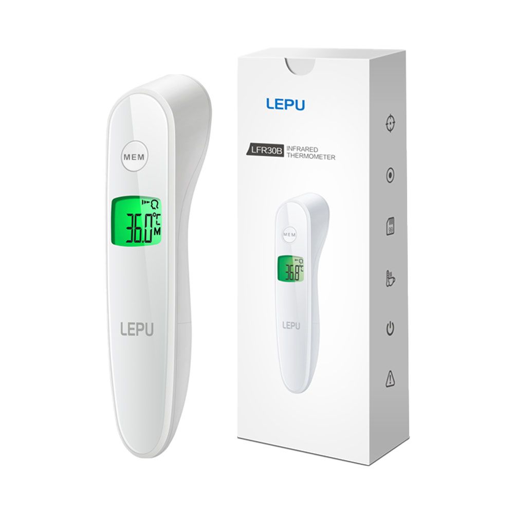 Weißes Fieberthermometer mit LCD-Bildschirm und Verpackung. Auf dem Bildschirm ist die Temperatur 36,0°C angezeigt.