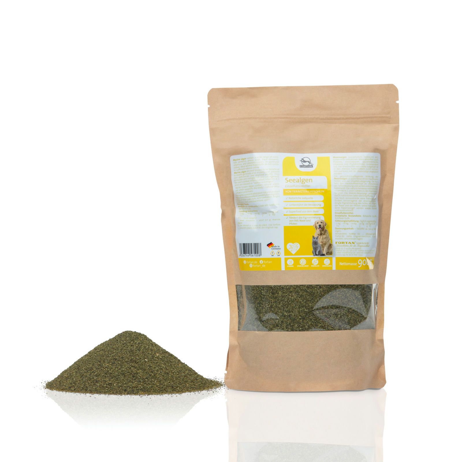 Beutel FORTAN Seealgen Pulver und Haufen grünes Pulver daneben. Produktinformationen auf dem Beutel.