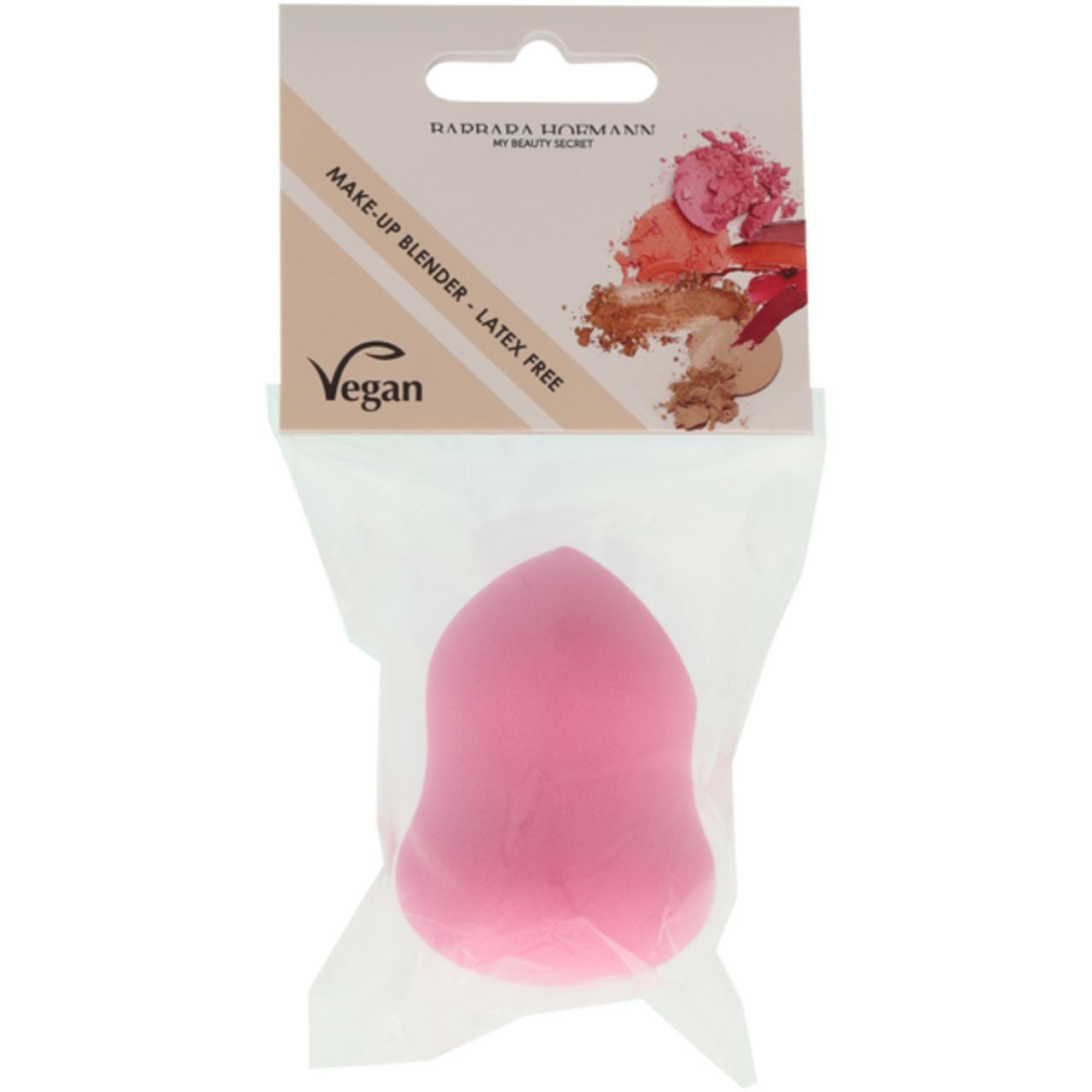 Rosa Make-up Blender, latexfrei, in Verpackung. Marke: Barbara Hofmann. Vegan-Siegel. Aufdruck: Make-up Blender.