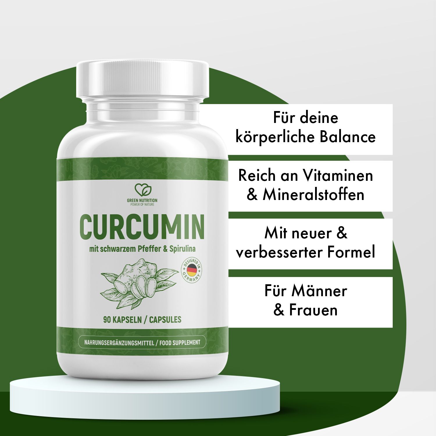 Weiße Kapsel-Dose auf Podest. Aufschrift: CURCUMIN, mit schwarzem Pfeffer & Spirulina. Textboxen: Balance, Vitamine, verbesserte Formel, für Männer & Frauen.