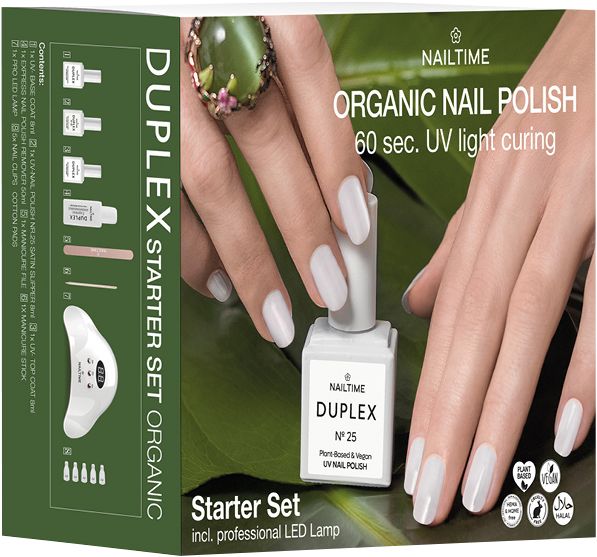 Starter-Set mit Nagellack und LED-Lampe. Enthält Nagellackflasche, Maniküre-Zubehör und eine LED-Lampe. Verpackung mit Produktnamen.