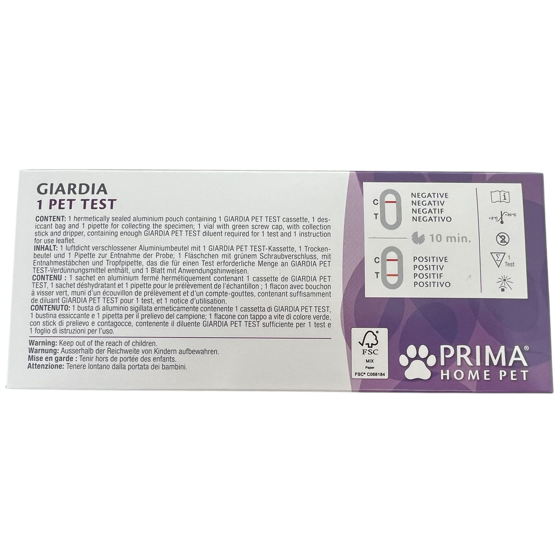 Rückseite der PRIMA Giardia Pet Test-Verpackung. Inhalt und Testergebnisse dargestellt.