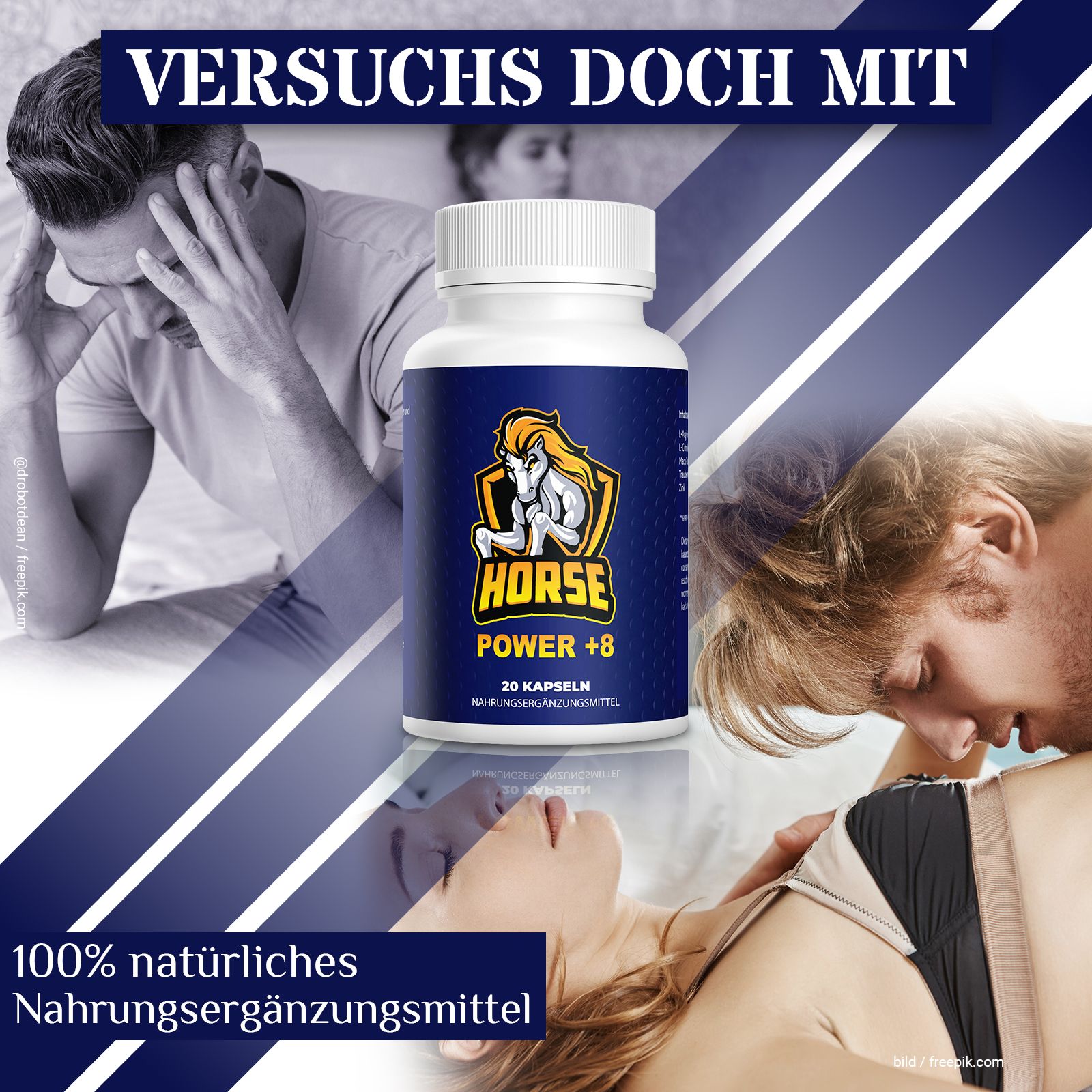 Flasche "HORSE POWER +8" mit 20 Kapseln. Hintergrund: Paare in intimen Situationen. Text: "100% natürliches Nahrungsergänzungsmittel".