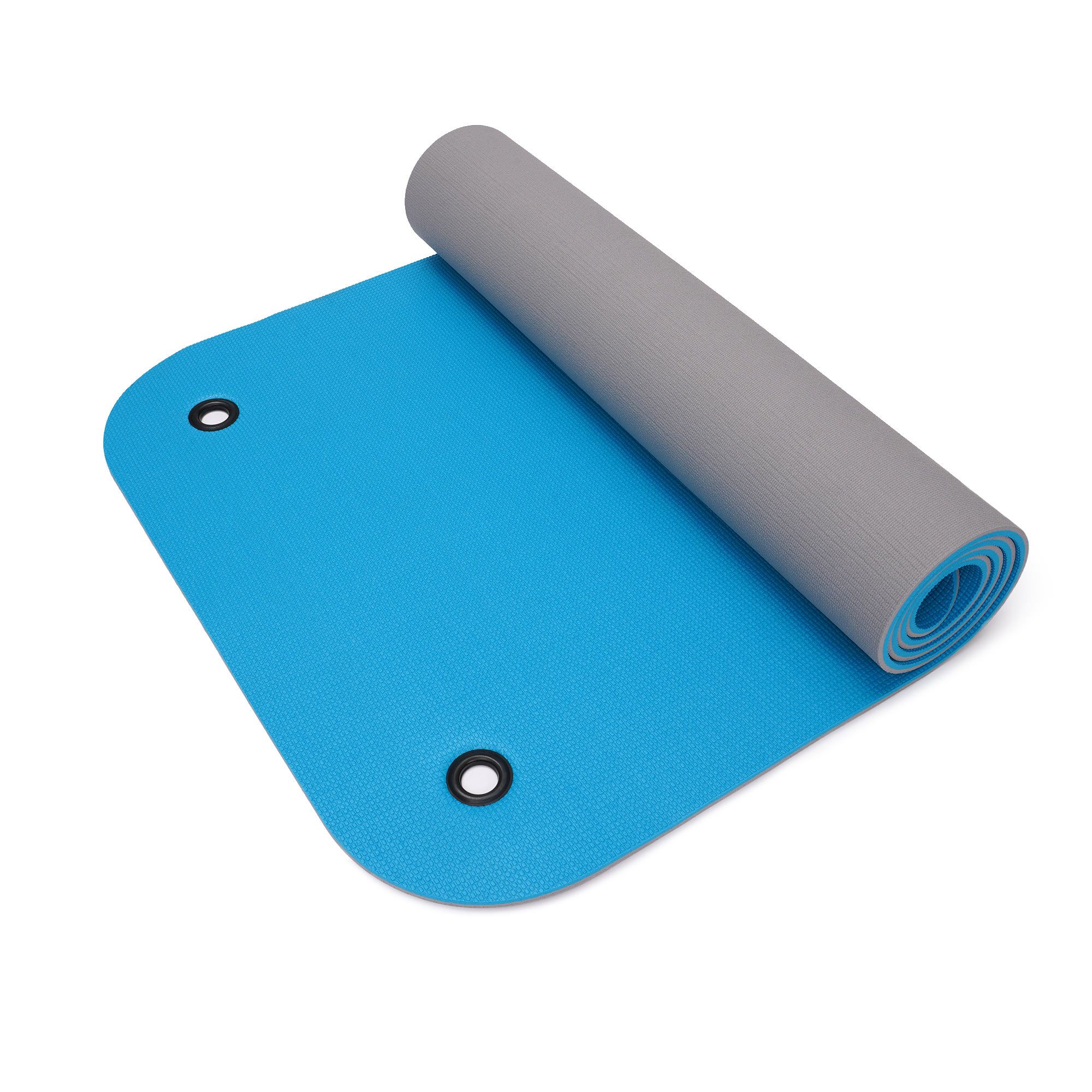Teilweise aufgerollte Gymnastikmatte, blau mit grauer Unterseite und zwei Ösen.
