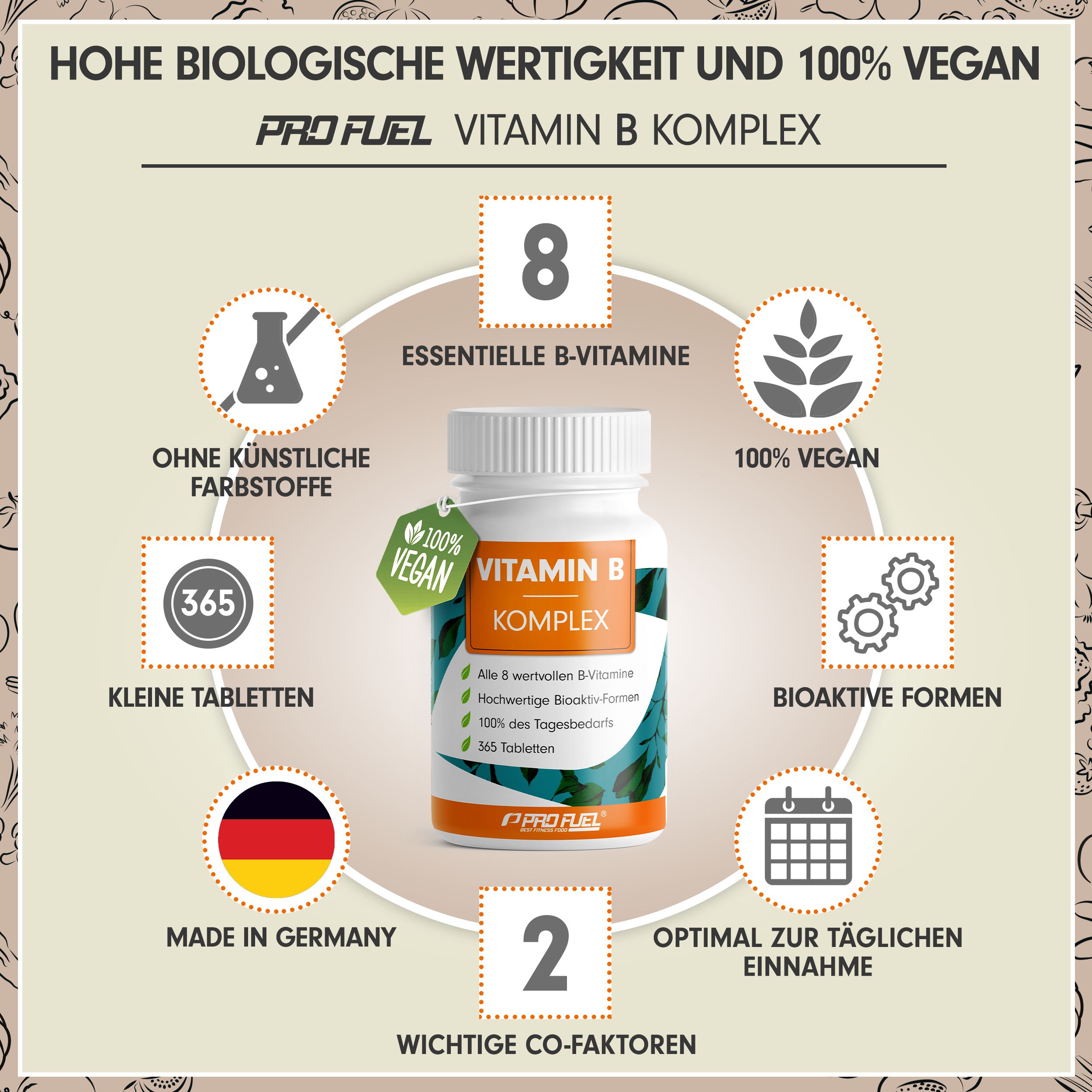 ProFuel - Vitamin B Komplex 365 Tabletten | alle 8 B-Vitamine + Cholin & Myo-Inositol | vegan