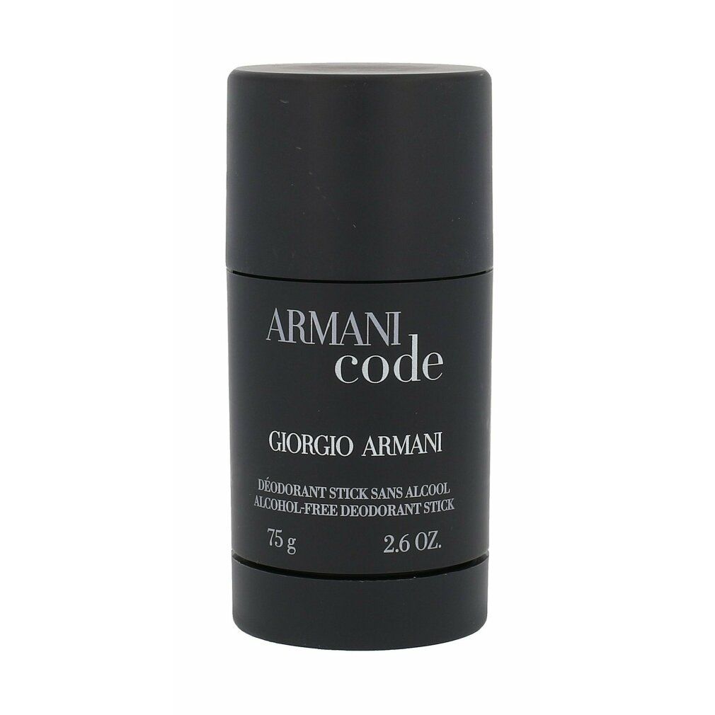 Schwarzer Deostick. Aufschrift: ARMANI code, GIORGIO ARMANI, Deodorant Stick sans alcool, 75 g, 2.6 oz.