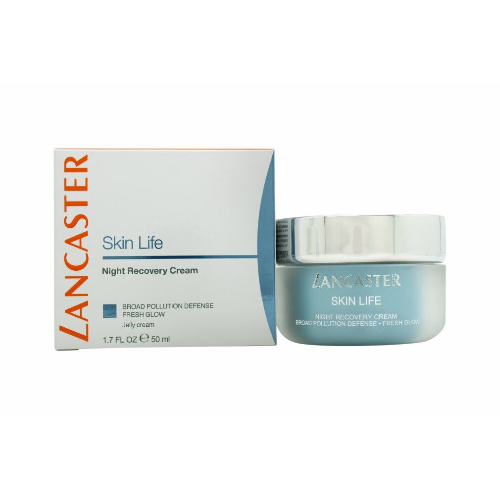 Creme-Tiegel und Verpackung. Aufschrift: Lancaster Skin Life Night Recovery Cream. 50 ml.