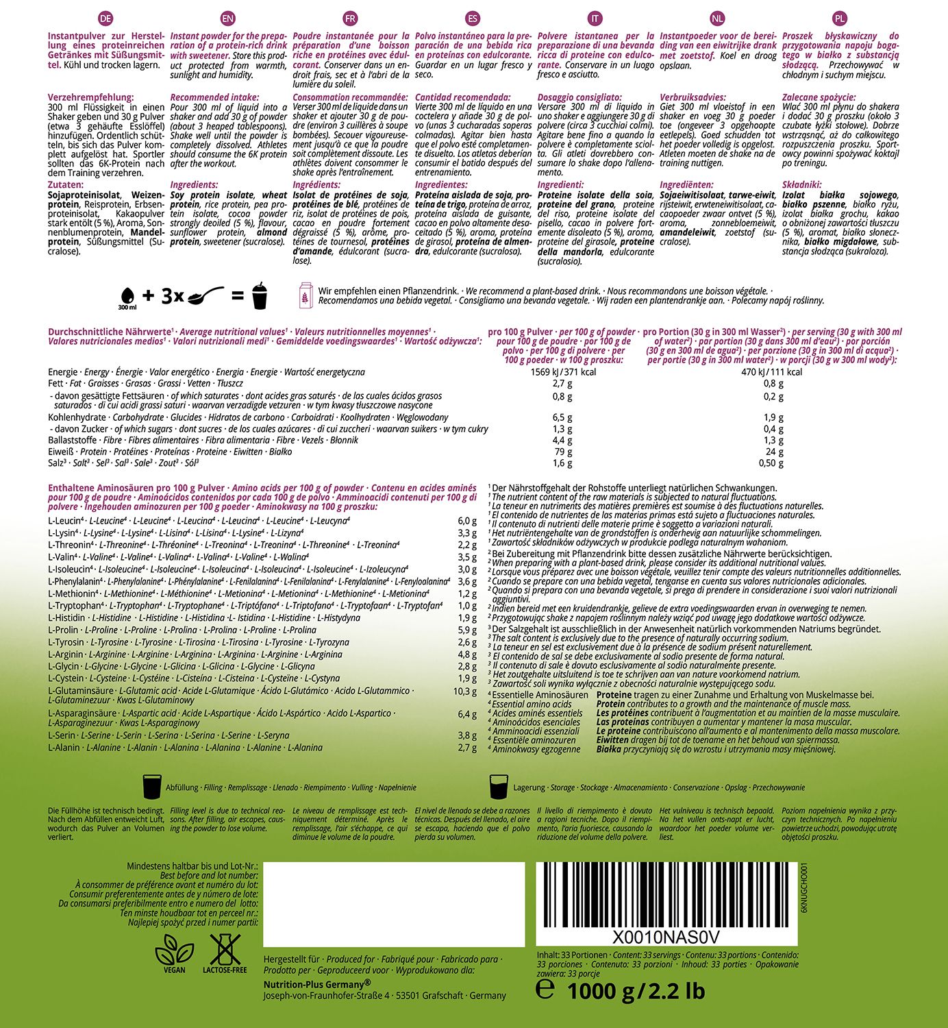 nutri+ 6K Eiweißpulver 1kg - Protein Shake ohne Whey