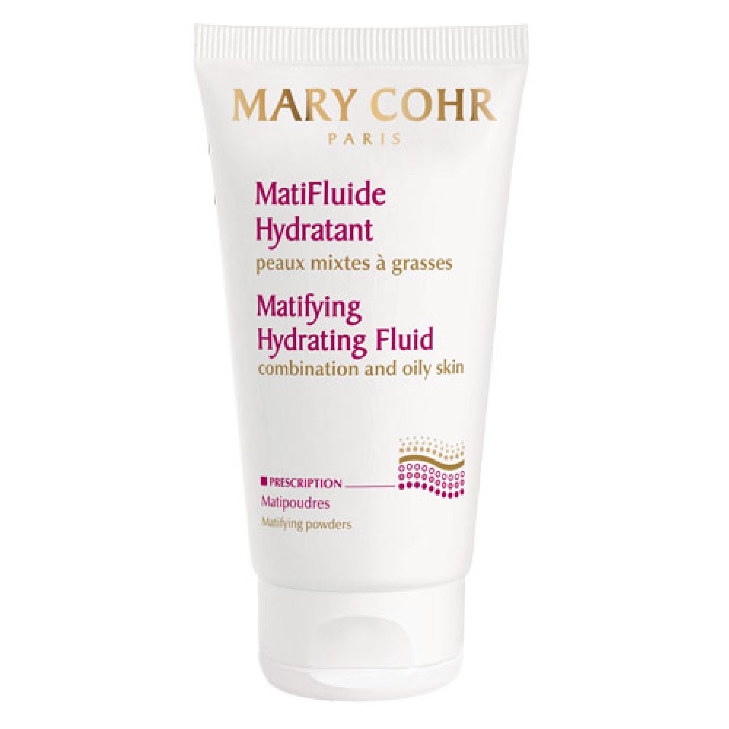 Weiße Tube mit Produktnamen und Text. Aufschrift: MatiFluide Hydratant, für Mischhaut bis fettige Haut. Marke: Mary Cohr Paris.