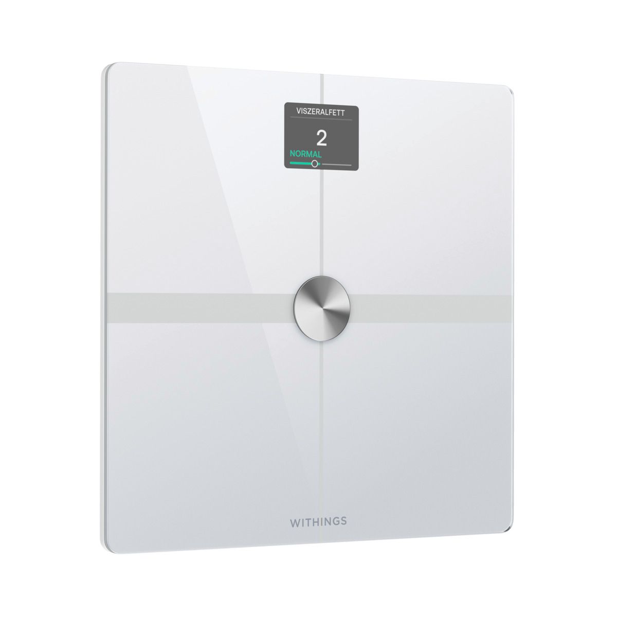 Weiße Personenwaage mit digitaler Anzeige. Zeigt viszerales Fett an. Mit rundem Knopf und Withings-Logo.