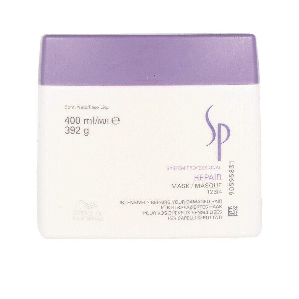 Weißer Tiegel mit lila Deckel. Aufschrift: SP Repair Maske. Volumenangabe: 400 ml. Für strapaziertes Haar.