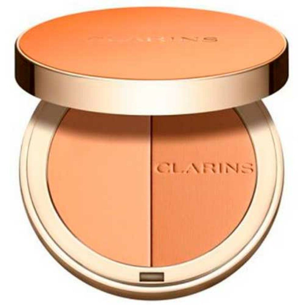 Runder Bronzer-Kompaktpuder mit zwei Farbtönen. Deckel und Puder in Goldtönen. Marke: Clarins.