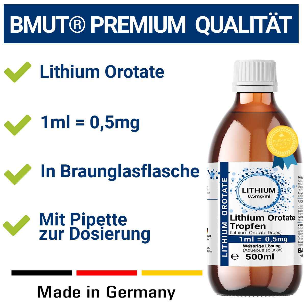 Braunglasflasche mit Etikett. Enthält Lithium Orotate Tropfen. Text: 1ml = 0,5mg. Mit Pipette zur Dosierung. Made in Germany. 500ml.