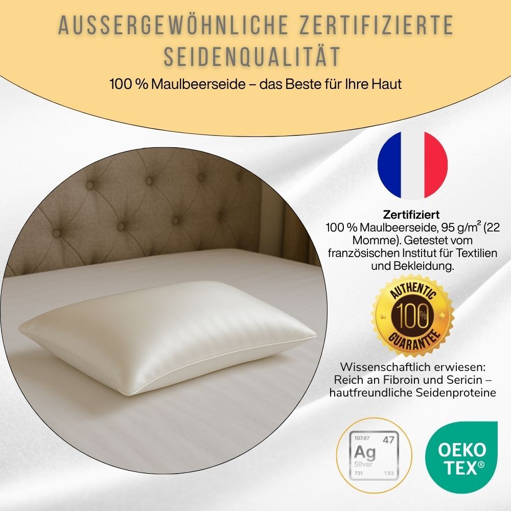 Weißes Kissen mit Zertifizierungen. Text und Logos.