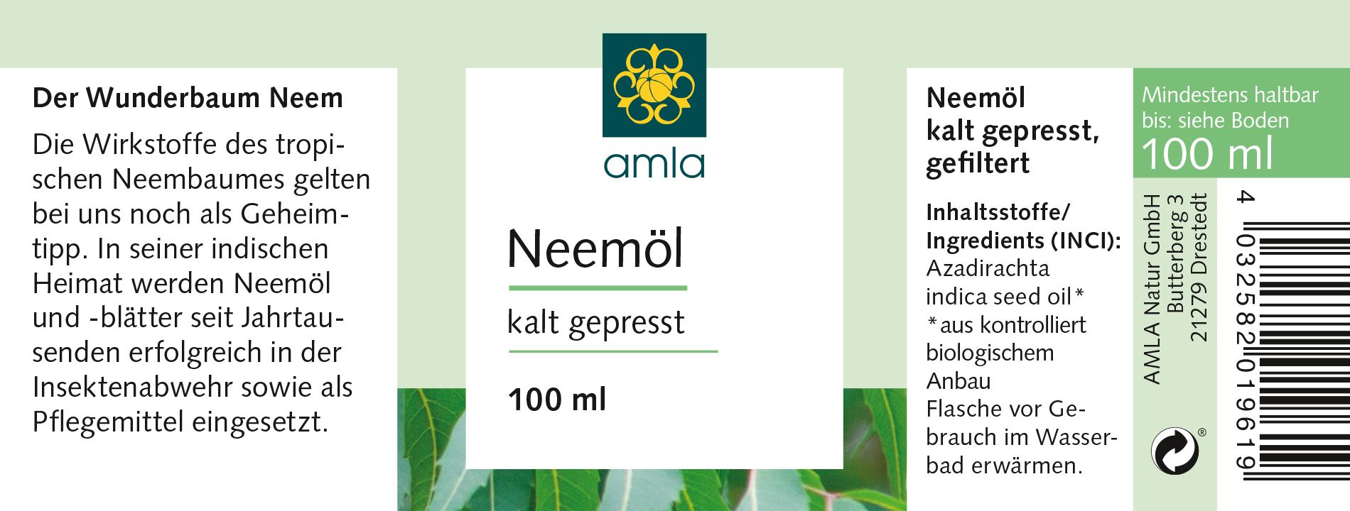 Detailansicht des Etiketts. Produktname: "Neemöl kalt gepresst". Logo und Text. Flasche mit 100 ml Inhalt.