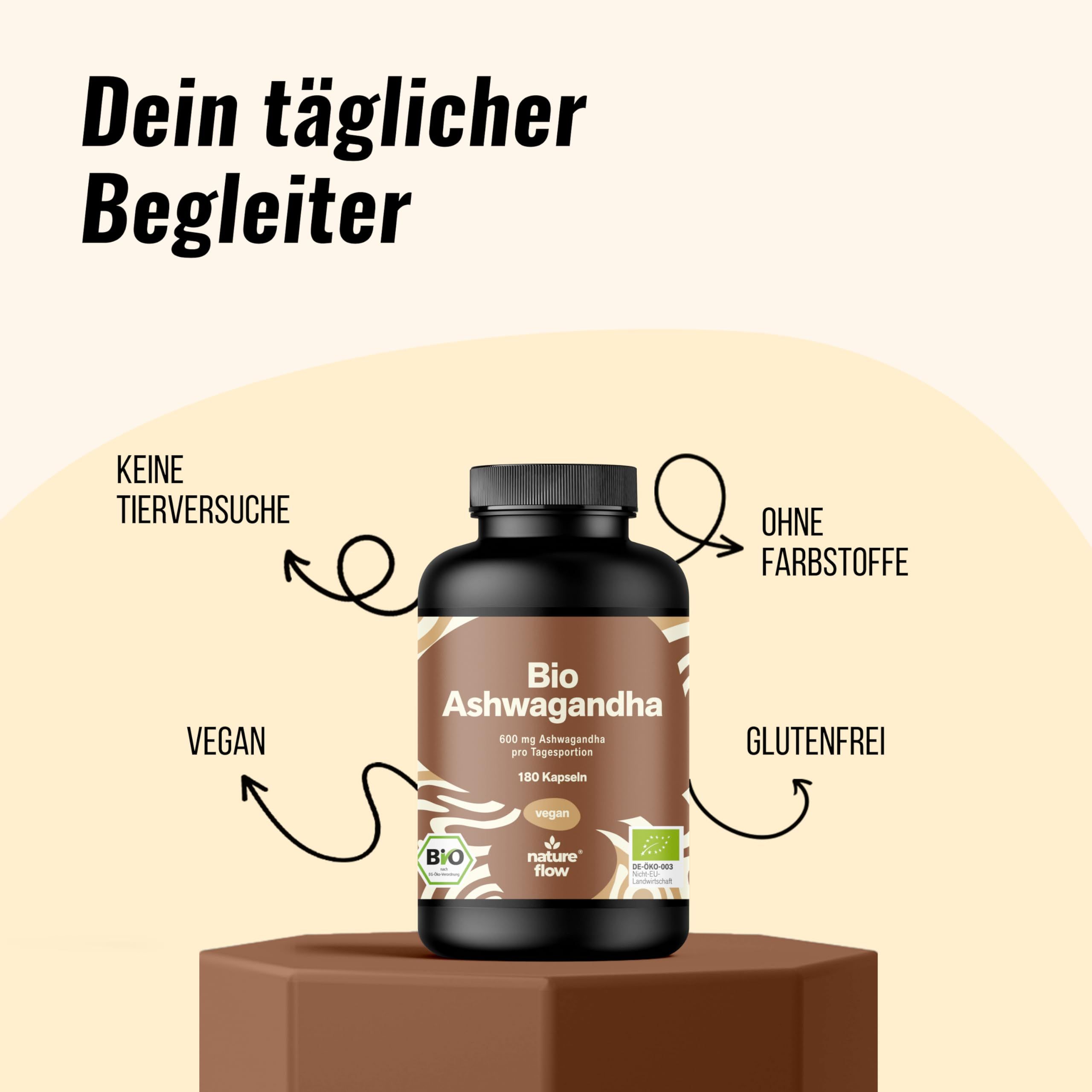Bio Ashwagandha Hochdosiert - 180 Kapseln - KSM-66® - 3 Monate Vorrat - Nature Flow