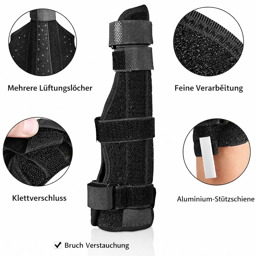 Bandage mit Details: Mehrere Lüftungslöcher, feine Verarbeitung, Klettverschluss, Aluminium-Stützschienen. Für Bruch/Verstauchung.
