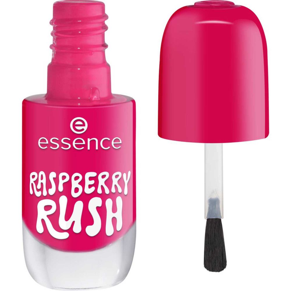 Nagellackflasche, pinkfarben, geöffnet. Deckel daneben. Pinsel sichtbar. Aufschrift: Essence, Raspberry Rush.