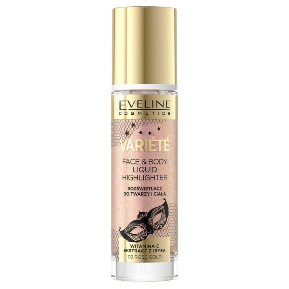 Eveline Variete Gesicht und Körper Highlighter. Flasche mit goldfarbenem Deckel. Text: Variete, Face & Body Liquid Highlighter, 02 Rose Gold.