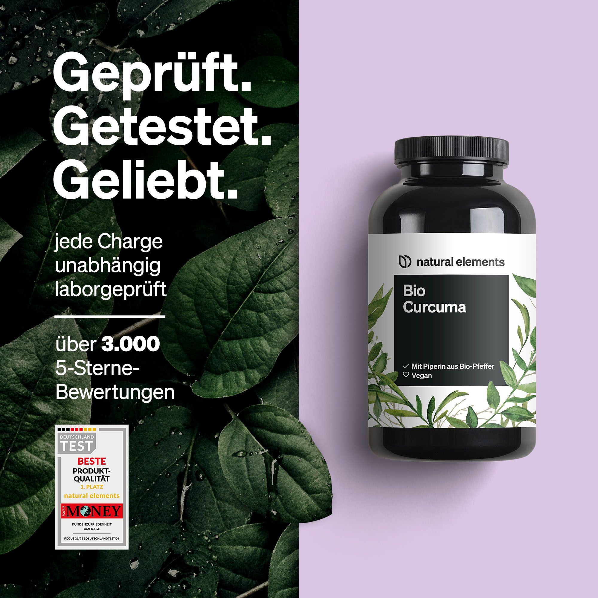 Schwarze Flasche mit weißem Etikett. Text: Bio Curcuma. Mit Piperin aus Bio-Pfeffer. Vegan. Geprüft. Getestet. Geliebt.