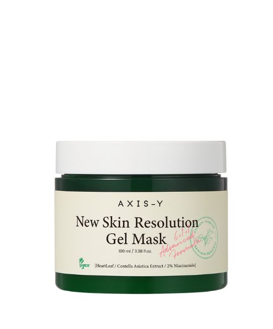 Produktverpackung der Gesichtsmaske. Grüner Behälter mit weißem Deckel. Aufschrift: AXIS-Y New Skin Resolution Gel Mask.