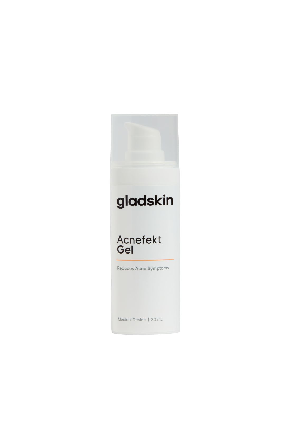 Weiße Flasche mit Pumpverschluss. Aufschrift: gladskin, Acnefekt Gel, Reduziert Akne Symptome. Medizinprodukt.